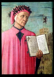 Dante czytający Boską komedię, detal Dantego Alighieri 1265-1321, detal panelu z 1465 roku nr 42355